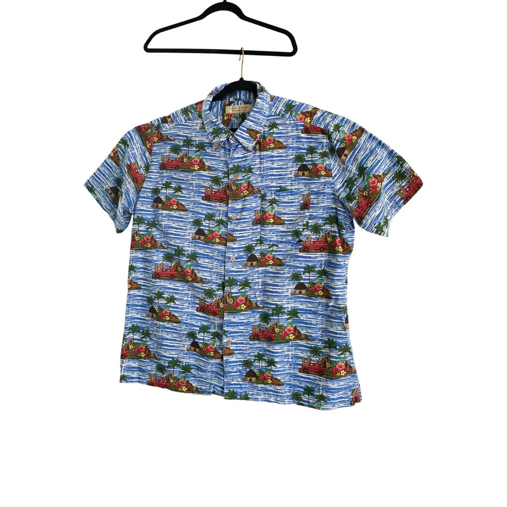 Island Republic Hawaiian Shirt Men XL Blue Tropical Woody Wagon Surfboard Cotton